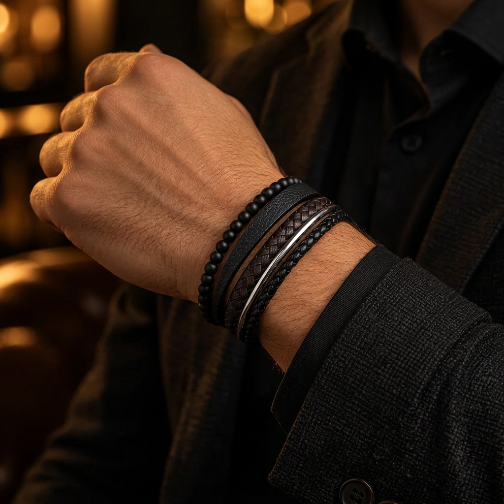 Male wrist close-up showing stacked black onyx beads and braided leather cords

