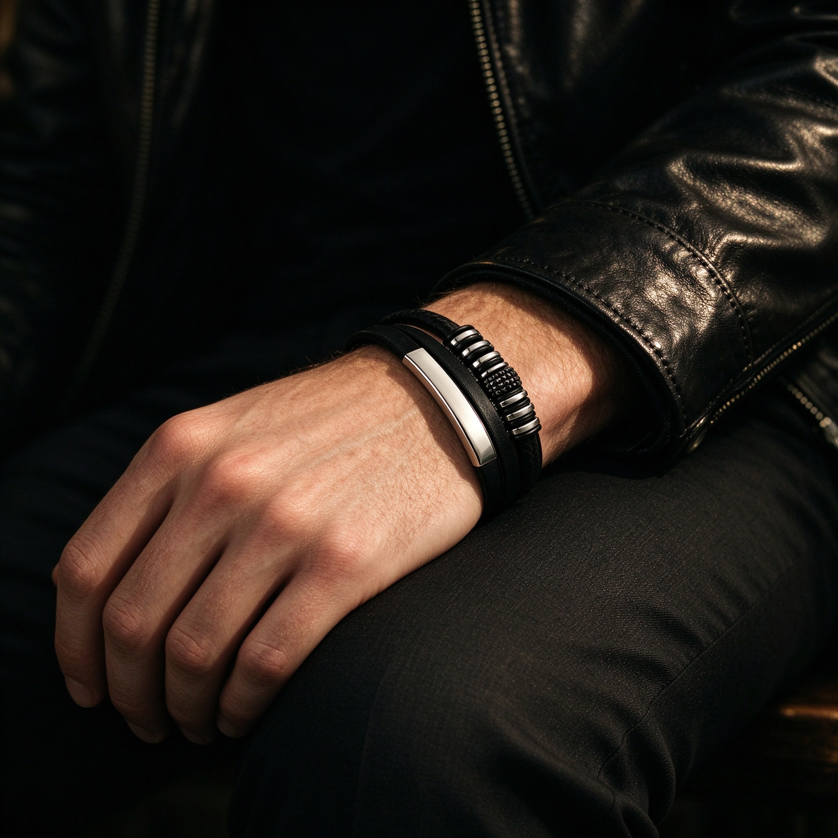 Men's Double-Strand Leather ID Bracelet – Stainless Steel Beaded Charm Bangle Jewelry