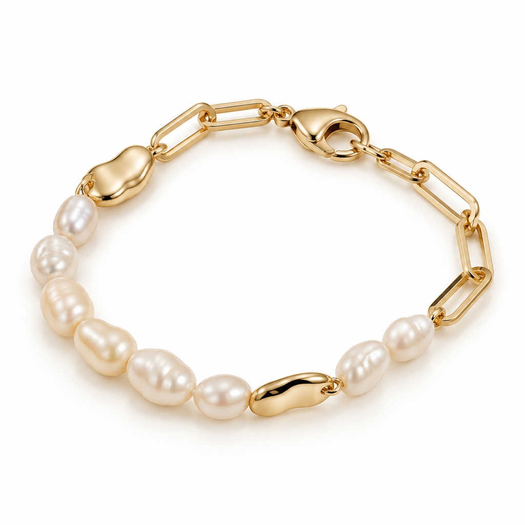 Studio flat lay of 18K gold plated paperclip chain pearl strand bracelet with lobster claw clasp
