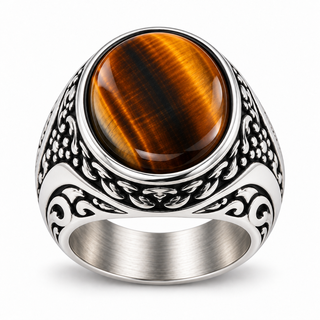 Men's Vintage Natural Tiger Eye Signet Ring in stainless steel on white background
