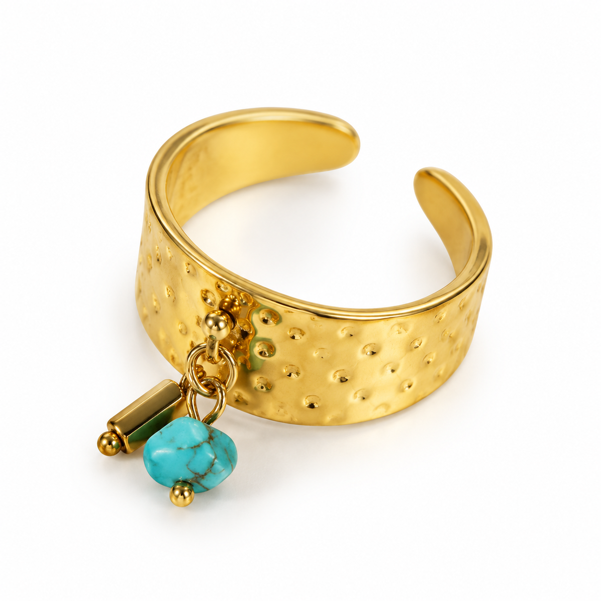 Hammered Gold Wide Band Ring with Dangle Turquoise Charm – 18K Gold Plated Stainless Steel Open Adjustable Ring for Women