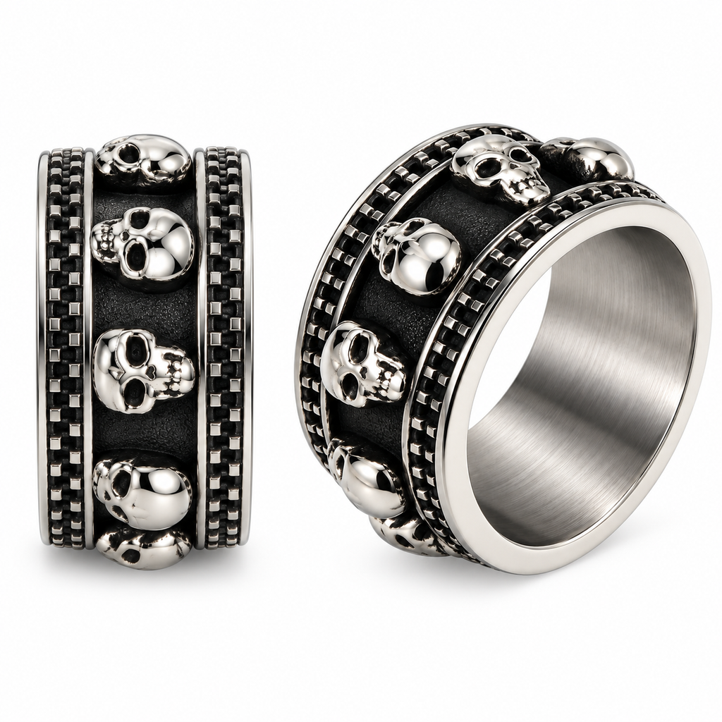 Dual view of Men's skull eternity band showing repeating skulls and smooth inner comfort band
