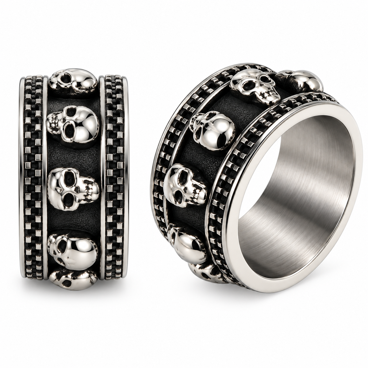Dual view of Men's skull eternity band showing repeating skulls and smooth inner comfort band
