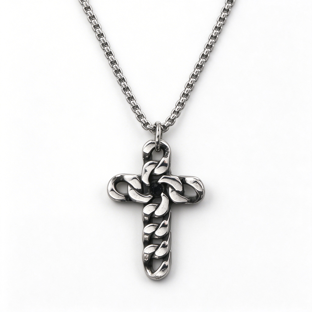Men's sculpted Cuban curb link chain cross pendant necklace on stainless steel chain
