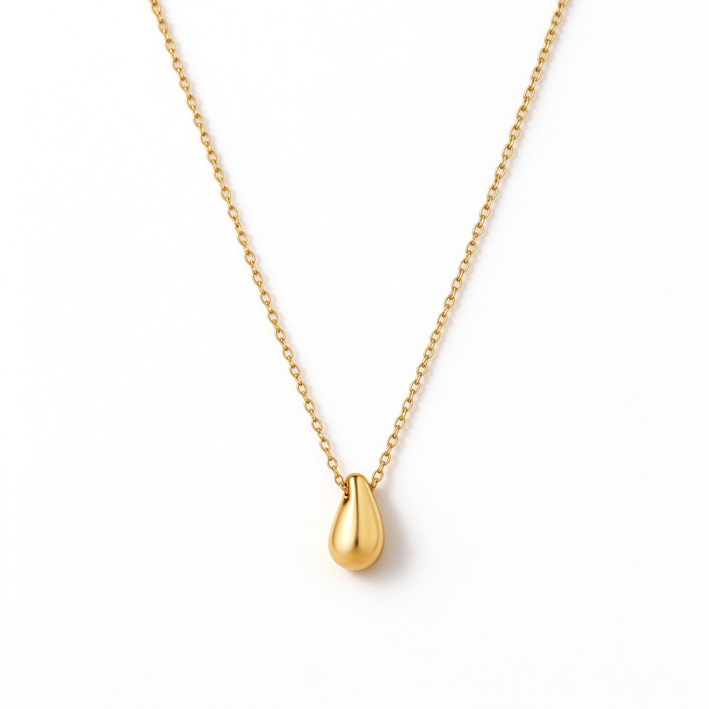Women's minimalist polished teardrop pendant necklace in 18k gold plated stainless steel
