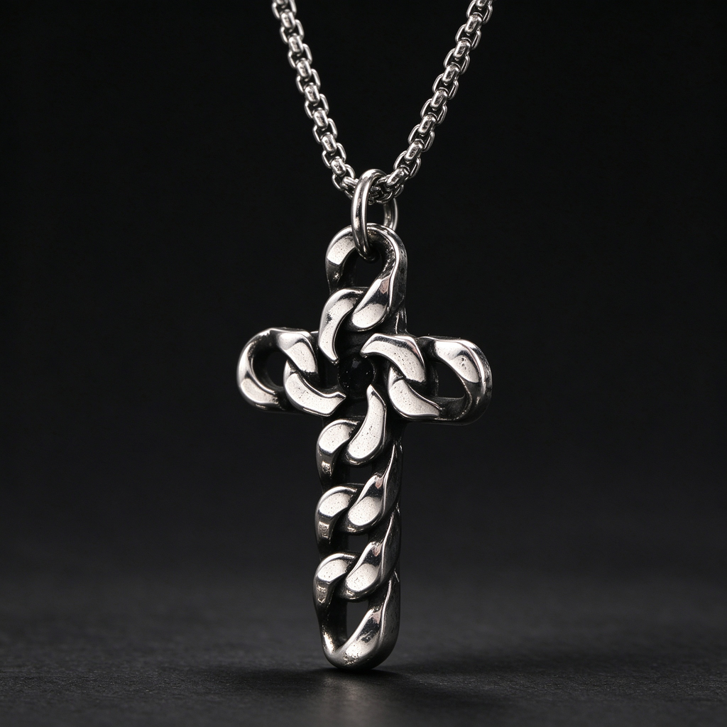 Studio macro close-up of men's interlocking curb chain cross pendant on black background
