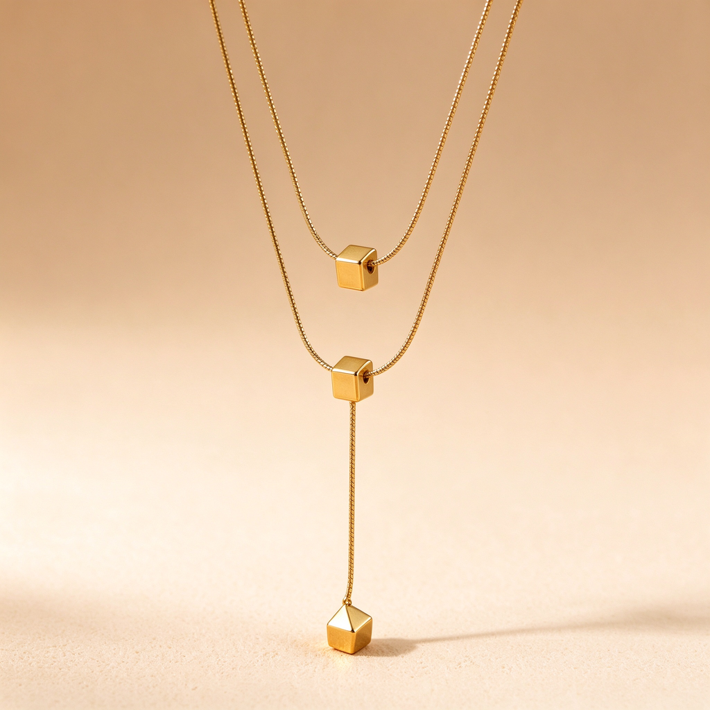 Close up view of 18k gold plated geometric cube beads on double snake chain necklace
