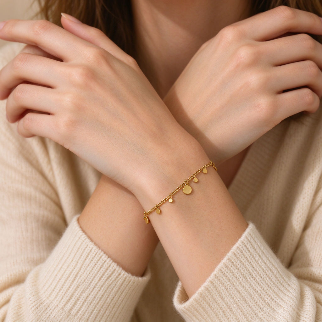 Close-up of model wearing dainty gold hanging disc charm chain bracelet on wrist
