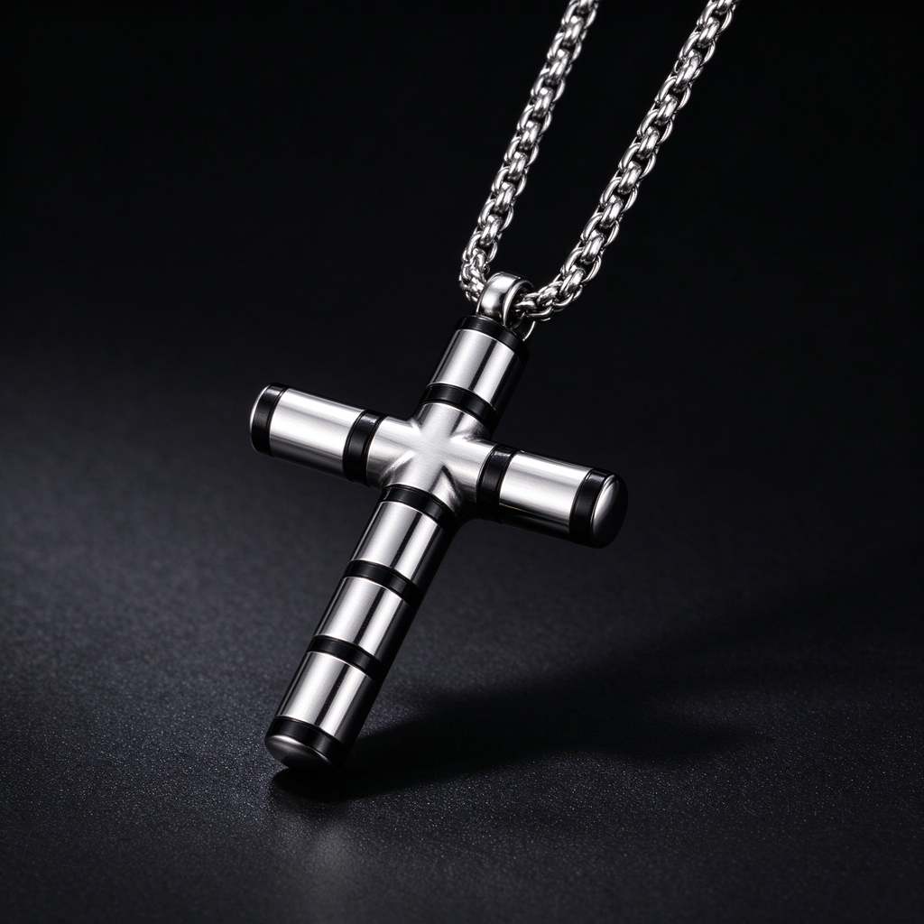 Men's cylindrical segmented cross pendant necklace collection in black and gold accents

