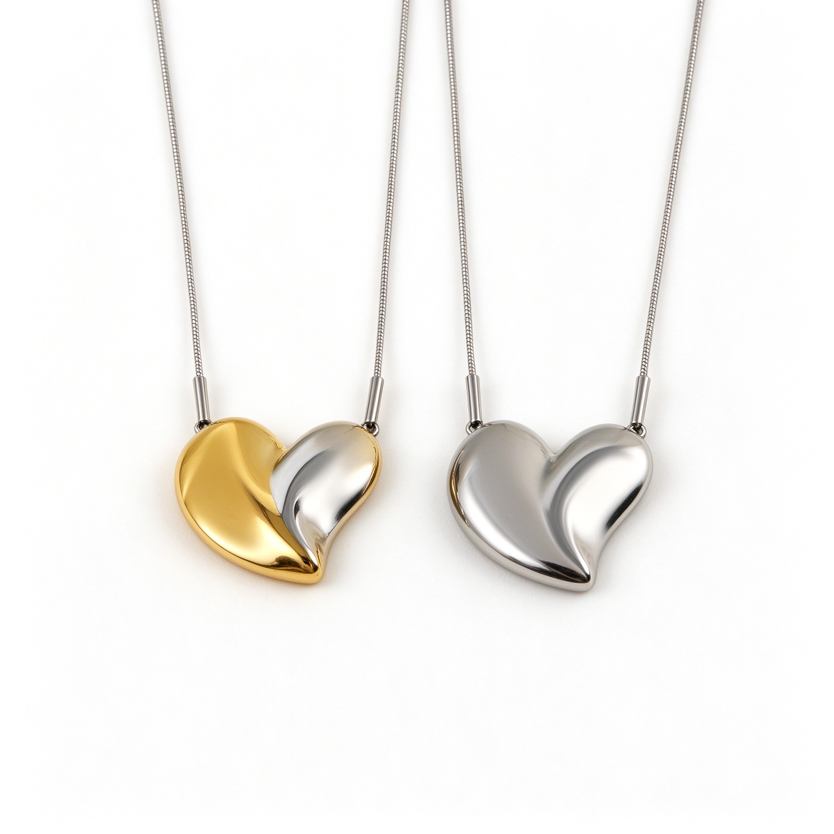 Women's Modern Two-Tone Curved Puffed Heart Pendant Necklace – Stainless Steel Snake Chain Jewelry