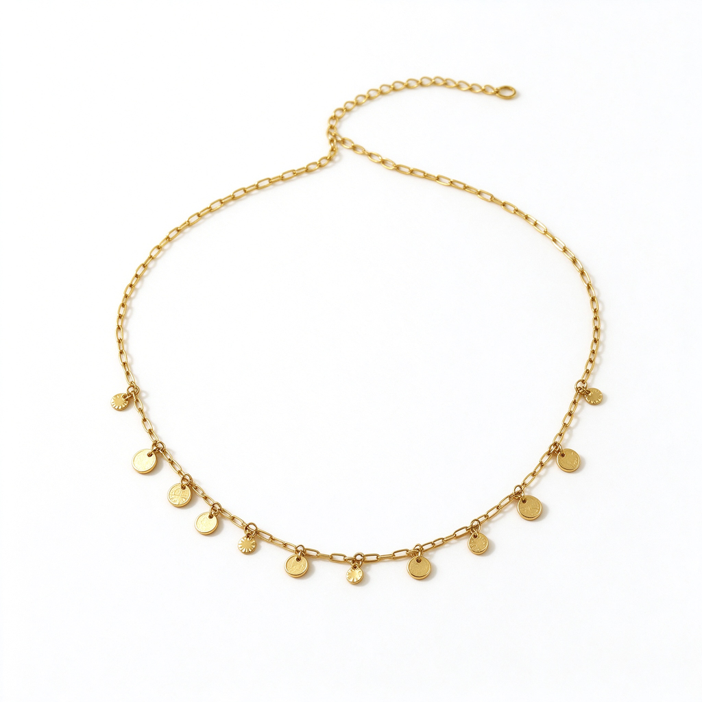 18K gold plated stainless steel dainty multi-disc charm choker necklace flat lay on white background
