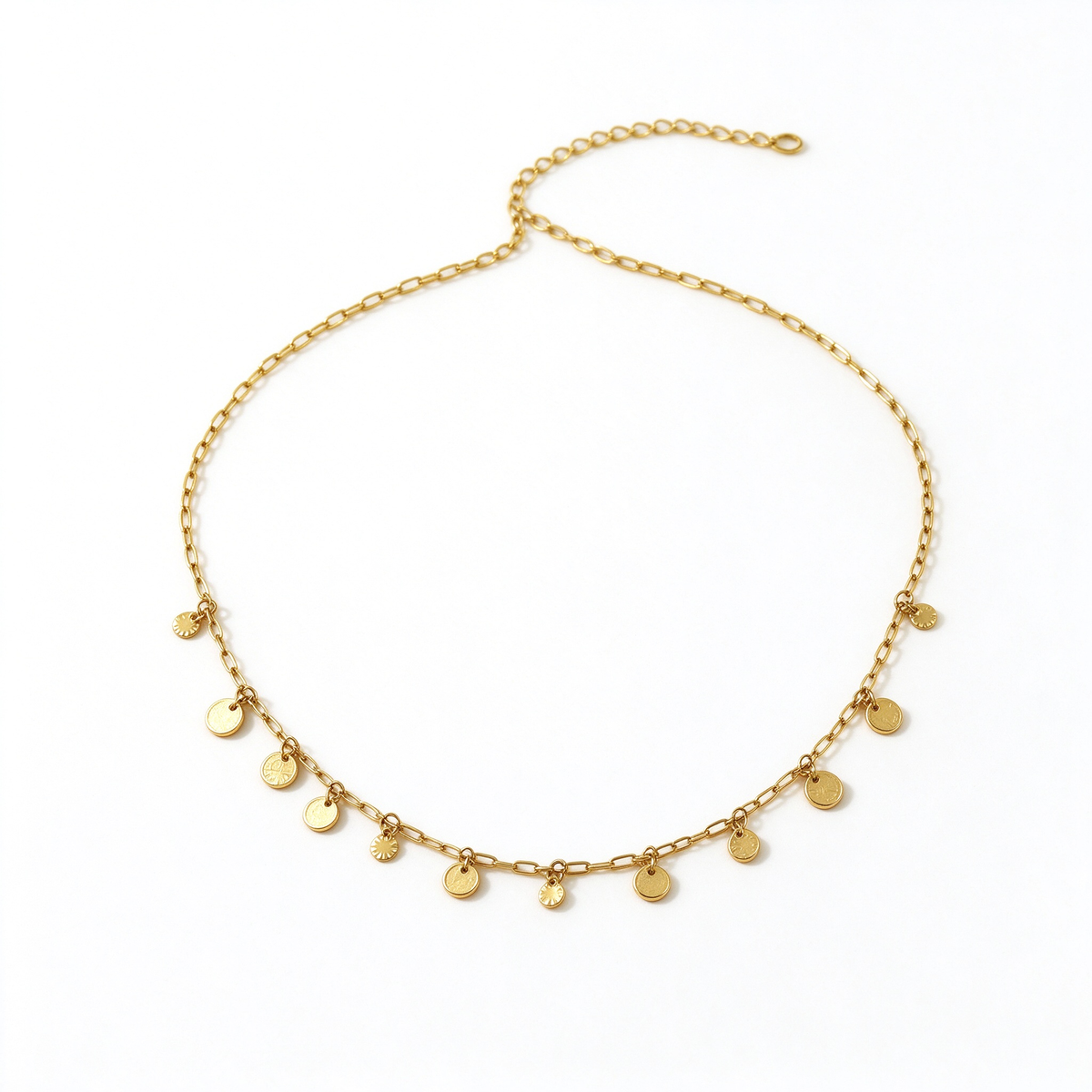 18K gold plated stainless steel dainty multi-disc charm choker necklace flat lay on white background