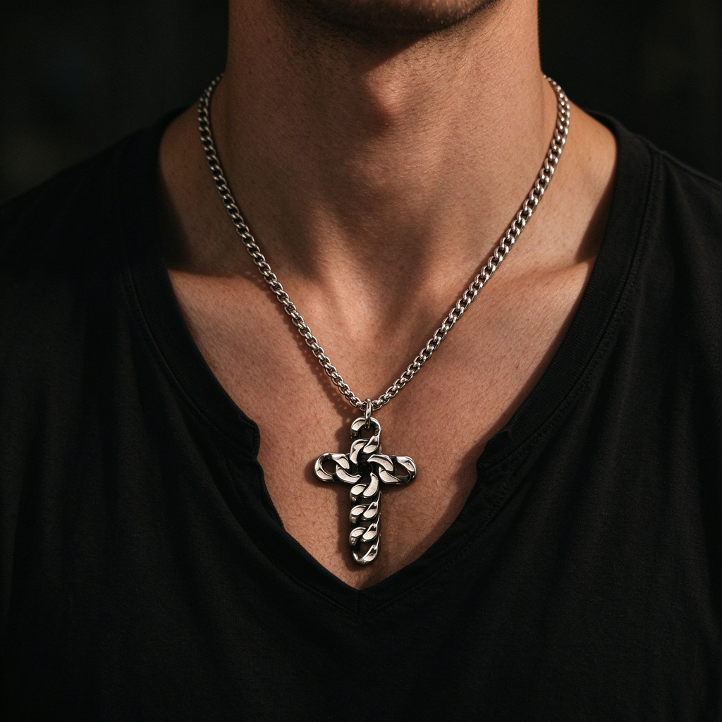 Model wearing men's silver Cuban link cross pendant necklace with black v-neck shirt
