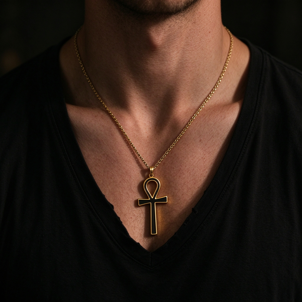 Model wearing men's 18k gold Egyptian Ankh cross pendant necklace on dark v-neck shirt
