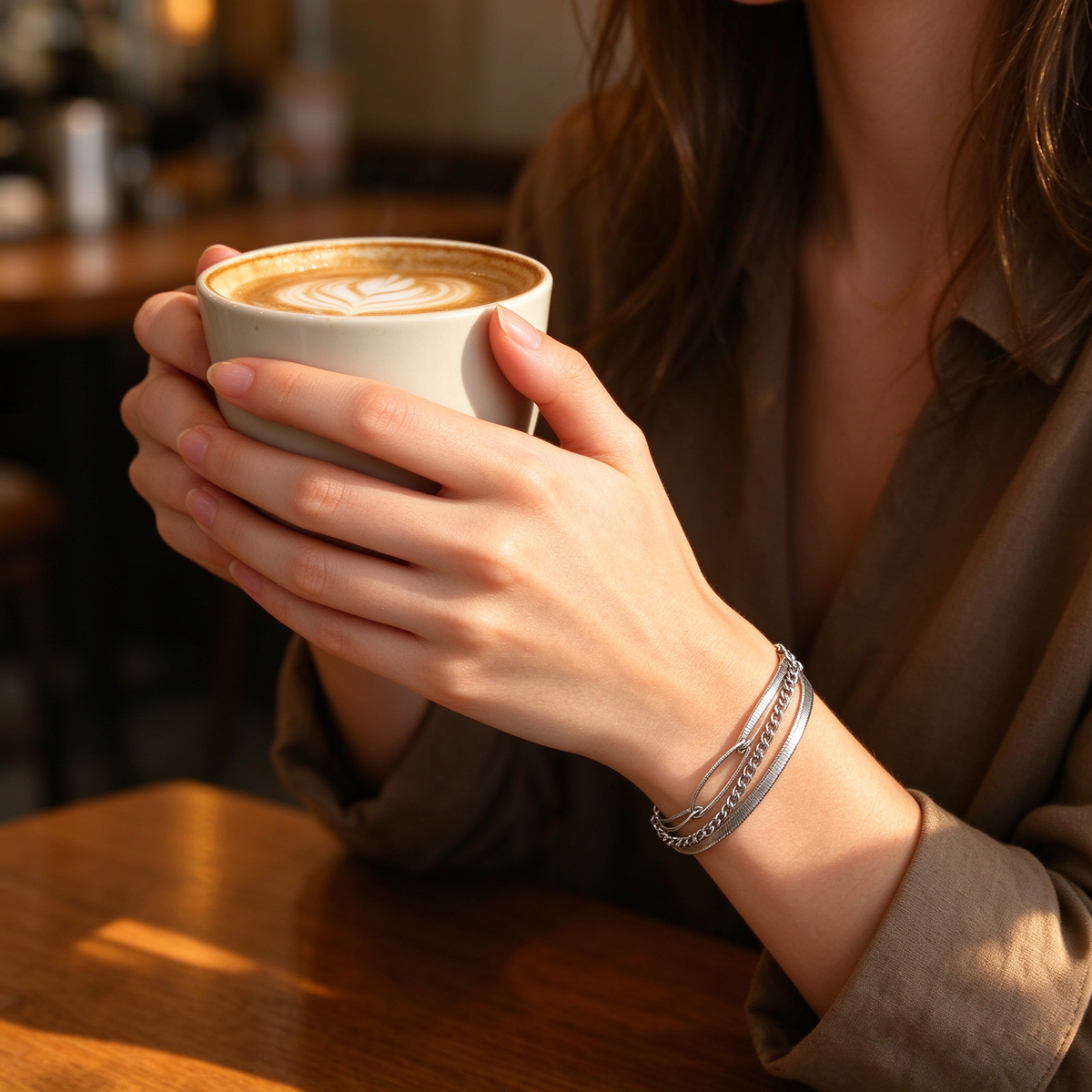 Lifestyle shot of model holding a coffee cup wearing silver layered chain bracelet
