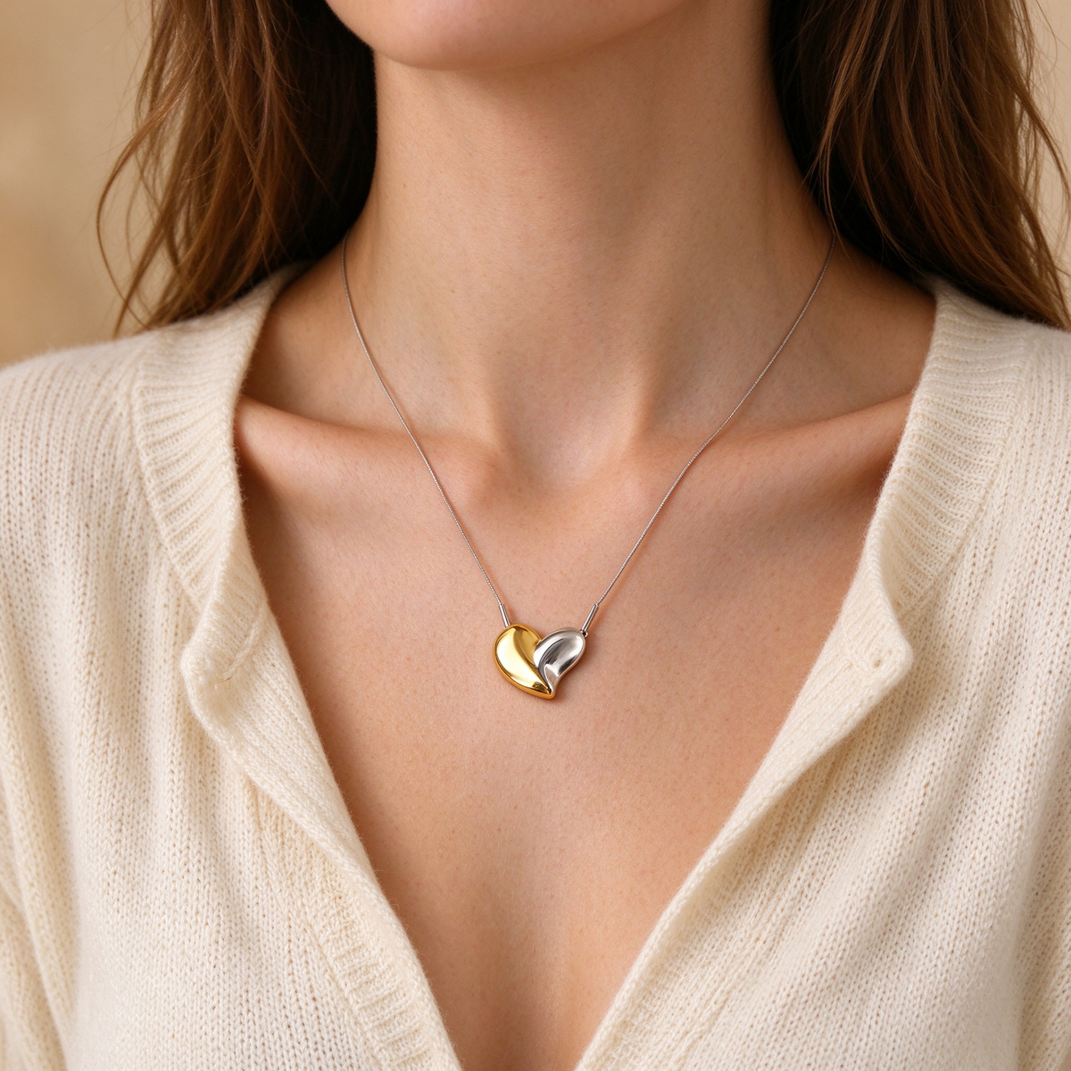 Women's Modern Two-Tone Curved Puffed Heart Pendant Necklace – Stainless Steel Snake Chain Jewelry