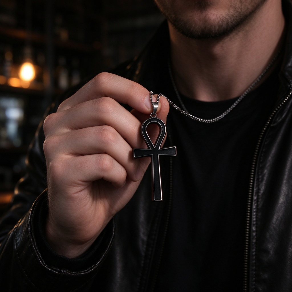 Model holding men's gunmetal black Egyptian Ankh key of life cross pendant necklace
