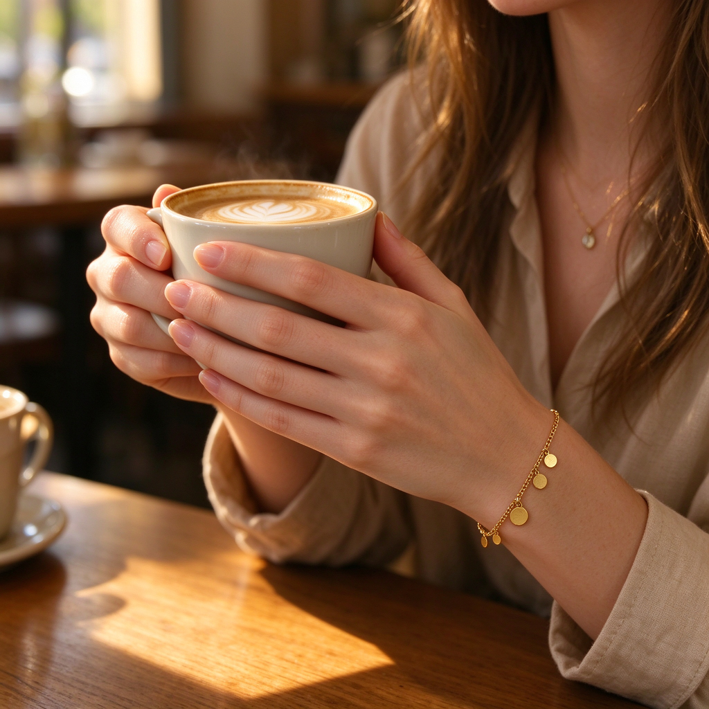 Lifestyle shot of model holding a coffee cup wearing the elegant gold disc charm bracelet
