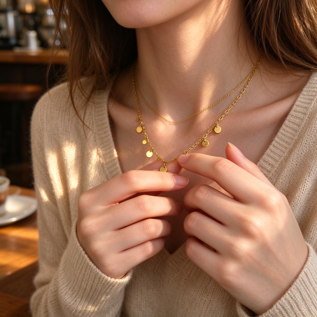 Close-up of woman wearing and touching layered 18K gold coin disc pendant chain necklace