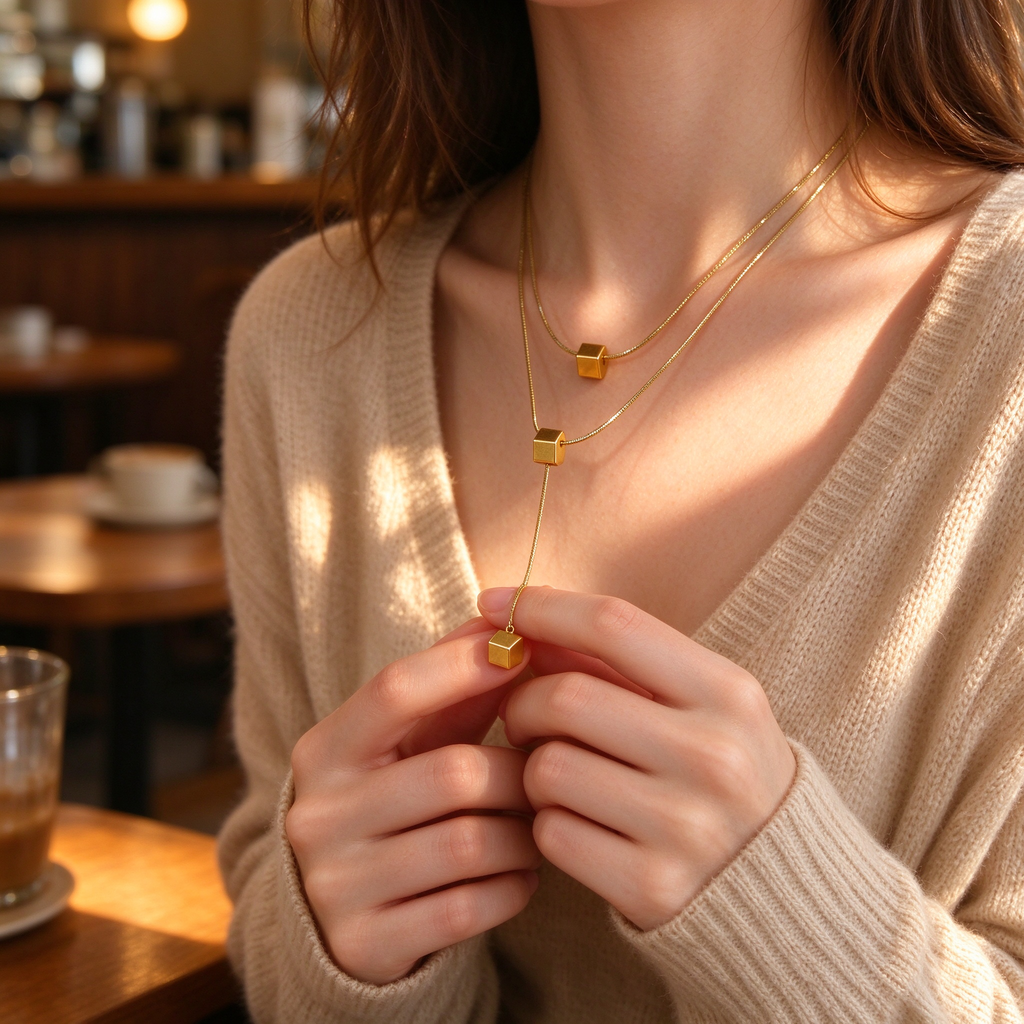 Model holding vertical drop cube bead on gold double strand snake chain necklace
