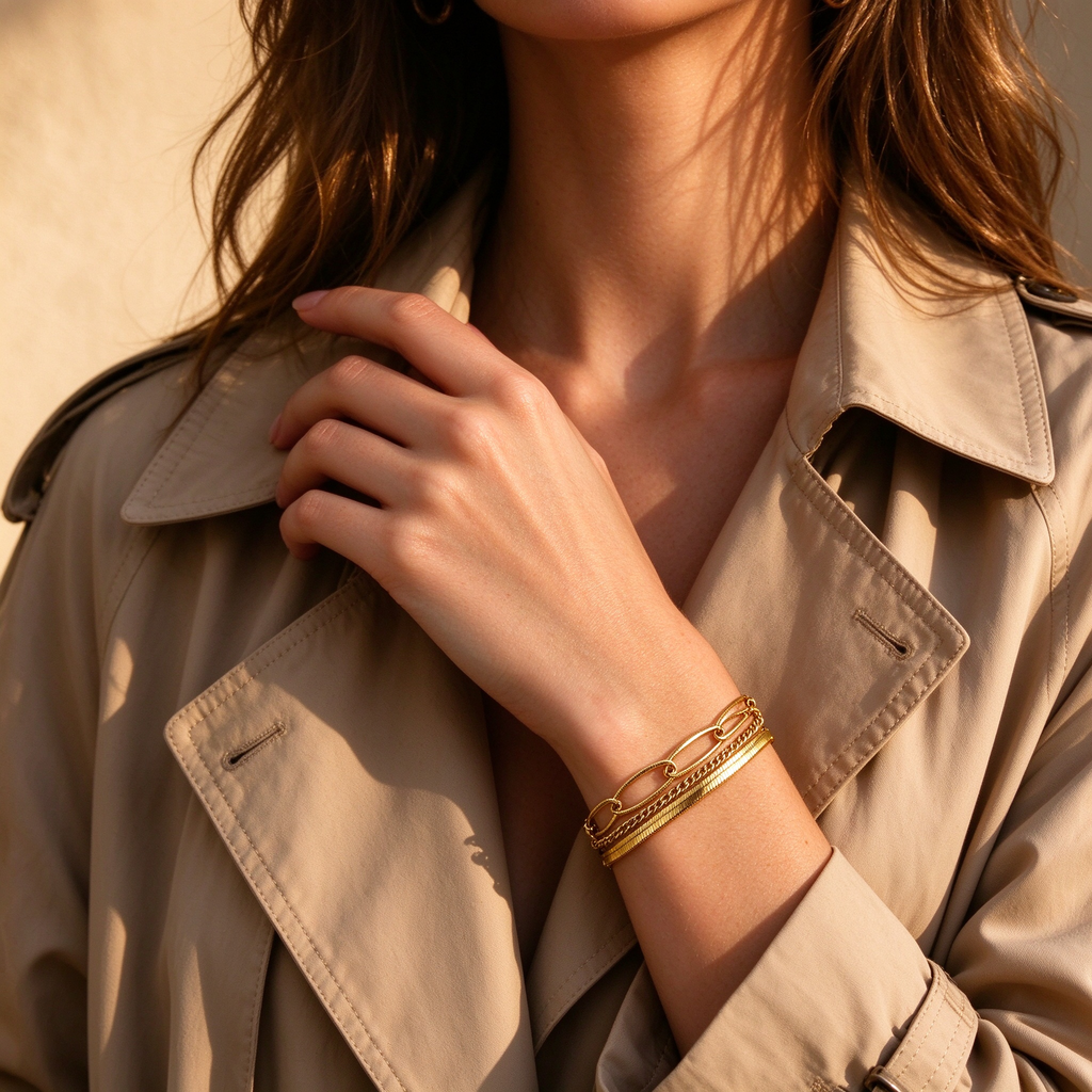 Fashion model in trench coat wearing elegant gold triple layer chain bracelet
