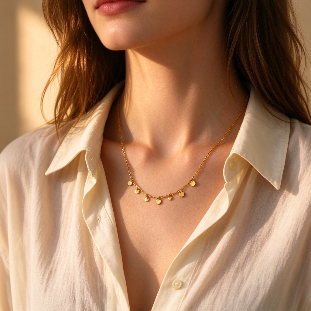 Lifestyle view of women's gold mini disc charm necklace paired with white button-up shirt