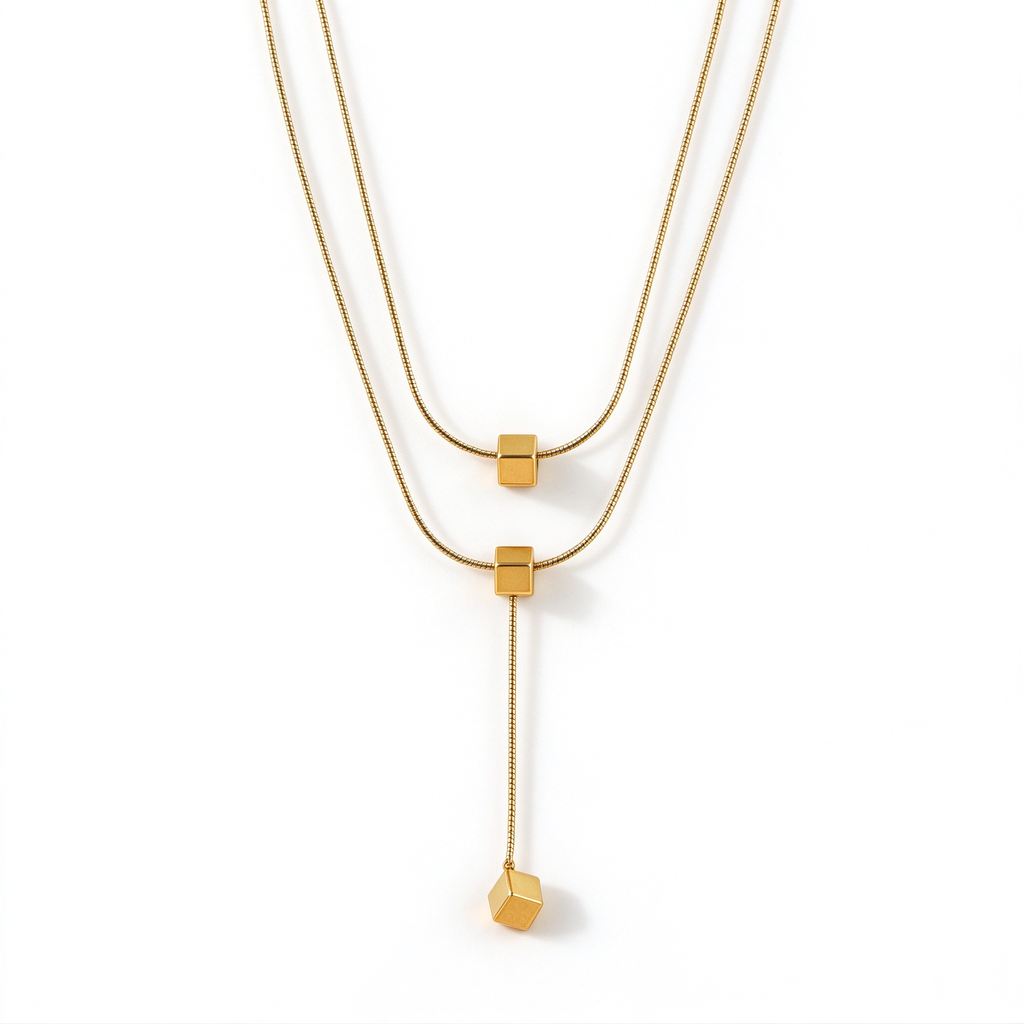 Women's double layer geometric cube lariat y-necklace in 18k gold plated stainless steel
