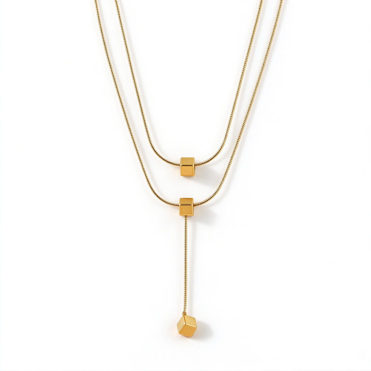 Women's double layer geometric cube lariat y-necklace in 18k gold plated stainless steel
