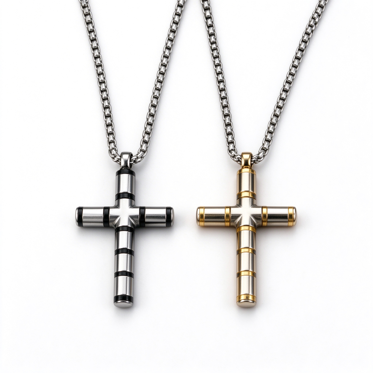 Angled studio view of men's cylindrical segmented cross pendant with black accent rings
