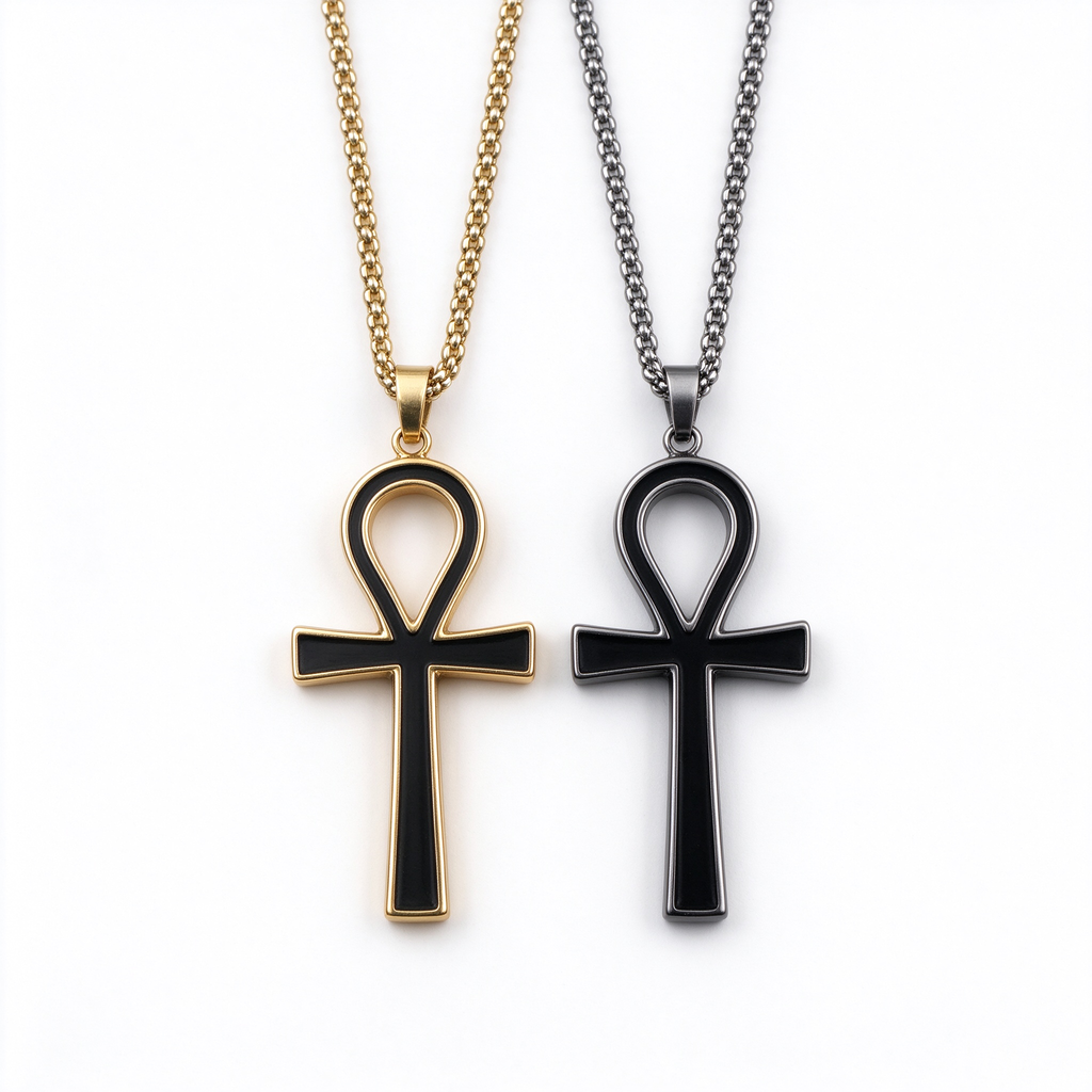 Men's Egyptian Ankh cross pendant necklace collection in gold and black stainless steel
