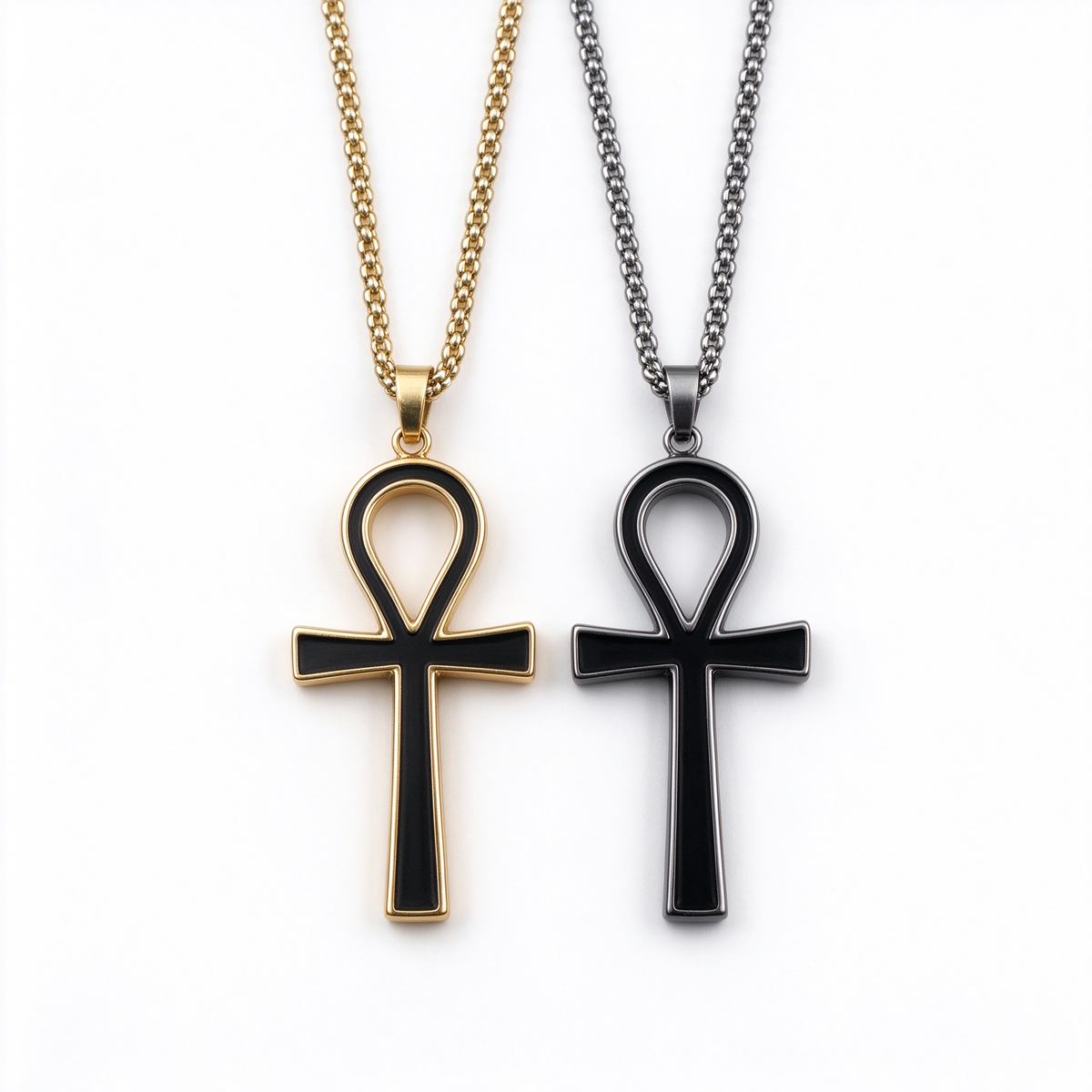 Men's Egyptian Ankh cross pendant necklace collection in gold and black stainless steel
