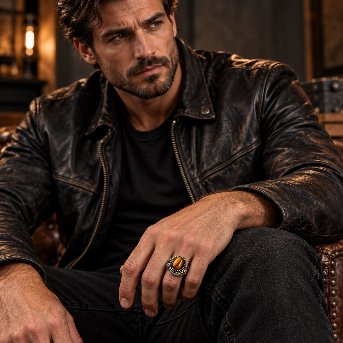 Angled view of heavy-duty biker skull gemstone ring
