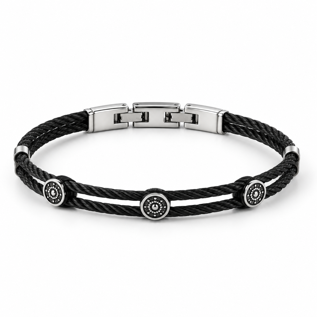 Men's black twisted cable bangle bracelet with triple pavé medallion stations
