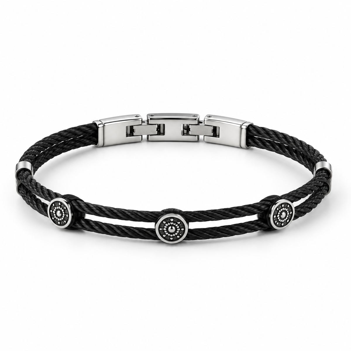 Men's black twisted cable bangle bracelet with triple pavé medallion stations
