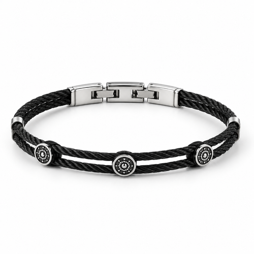 Men's black twisted cable bangle bracelet with triple pavé medallion stations

