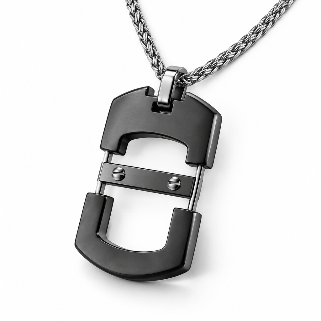 Angled studio close-up of men's matte black skeleton tag pendant with mechanical screws
