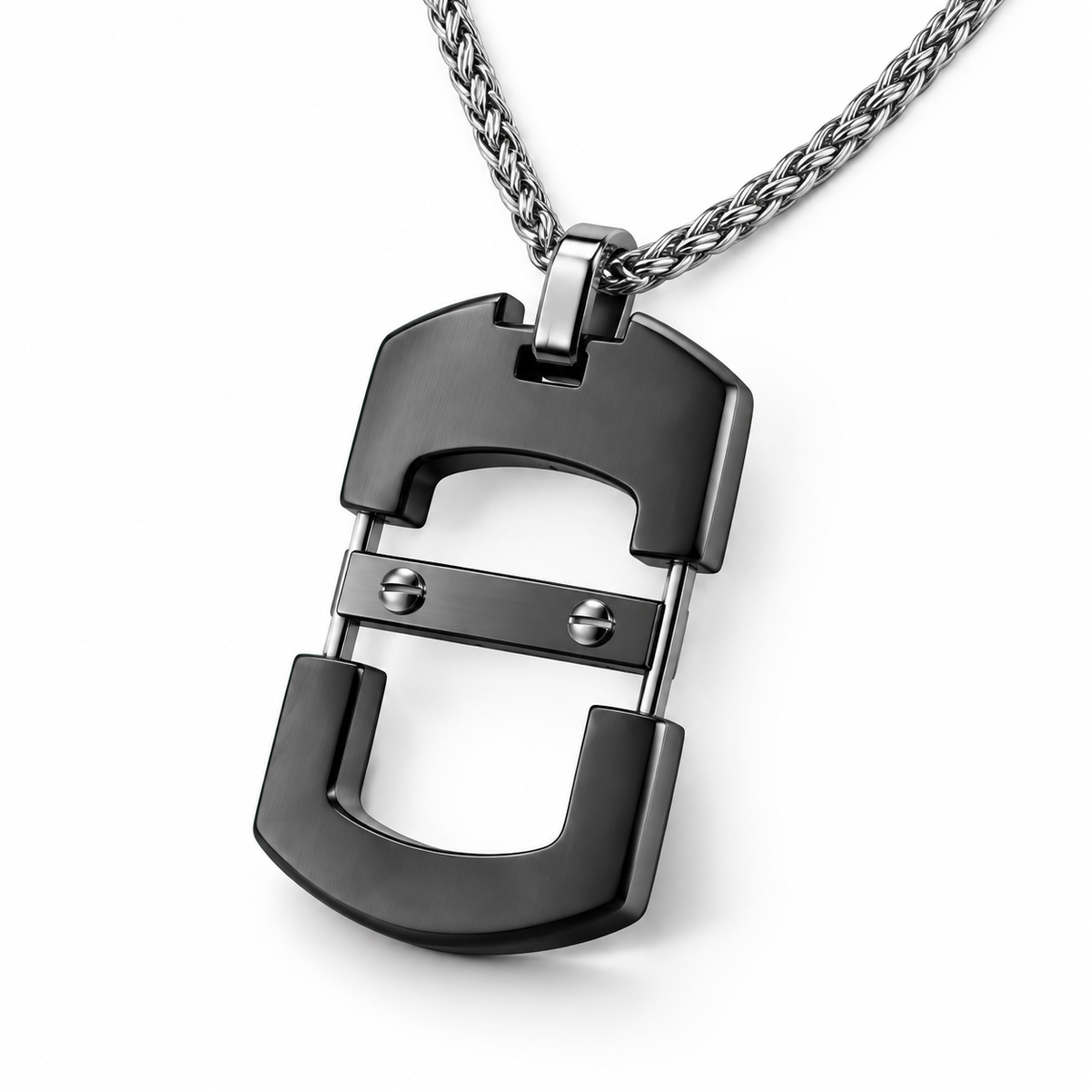 Angled studio close-up of men's matte black skeleton tag pendant with mechanical screws
