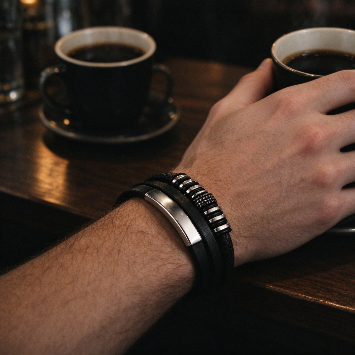Men's Double-Strand Leather ID Bracelet – Stainless Steel Beaded Charm Bangle Jewelry