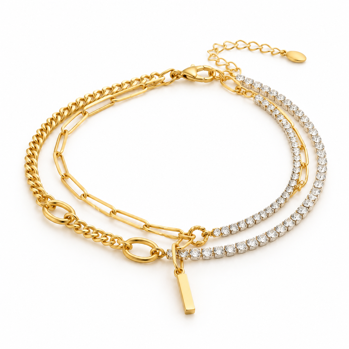Women's layered gold bracelet featuring spliced paperclip and curb chains with cubic zirconia tennis strands and a dangling bar pendant.
