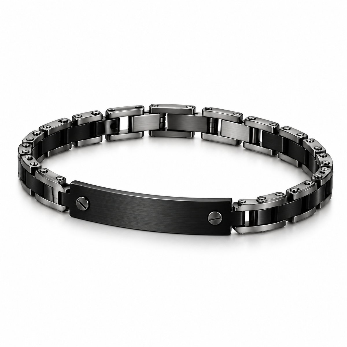 Angled studio view of men's all-black motorcycle chain ID bracelet with fold-over clasp

