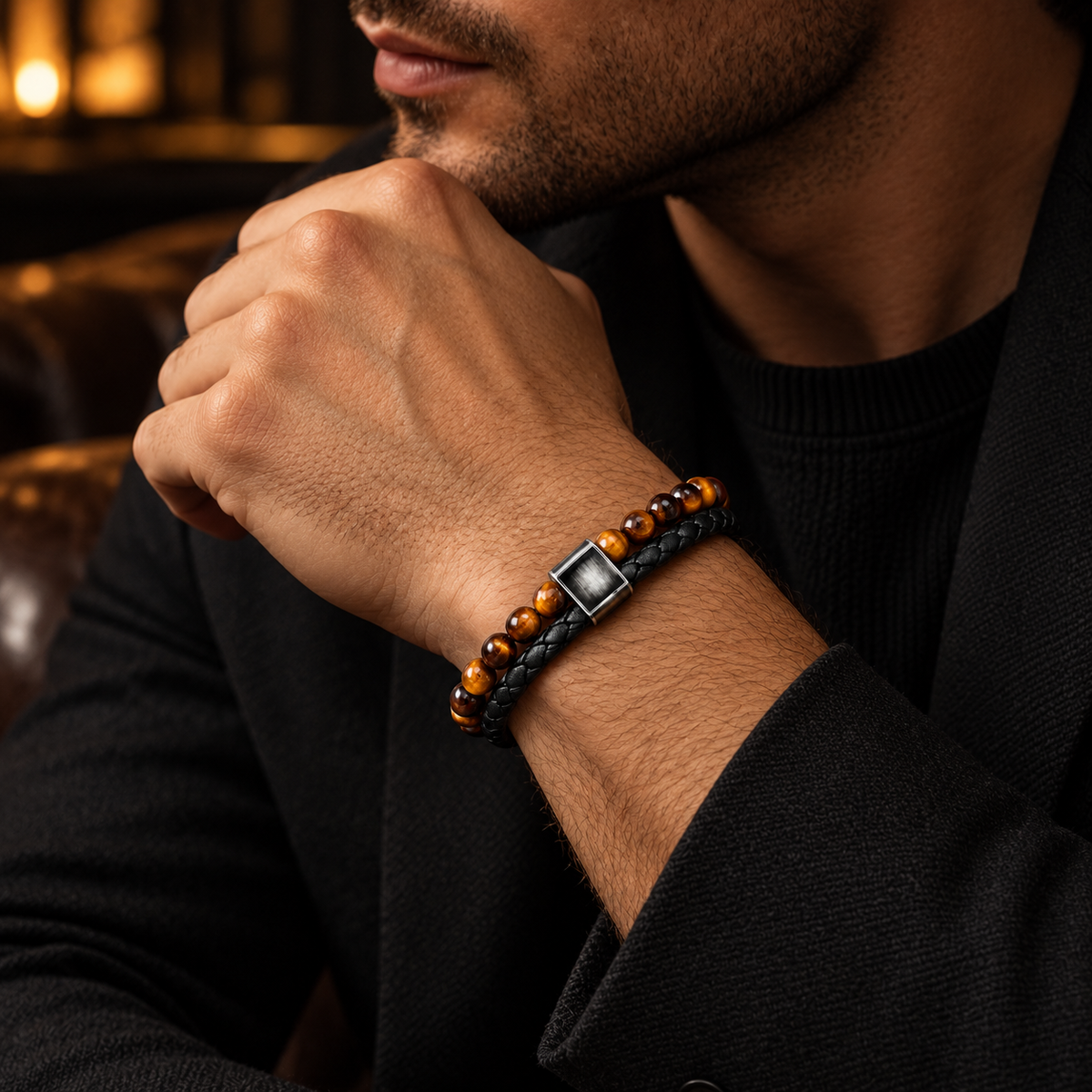 Gentleman in black suit touching chin showing golden tiger eye beaded braided bracelet
