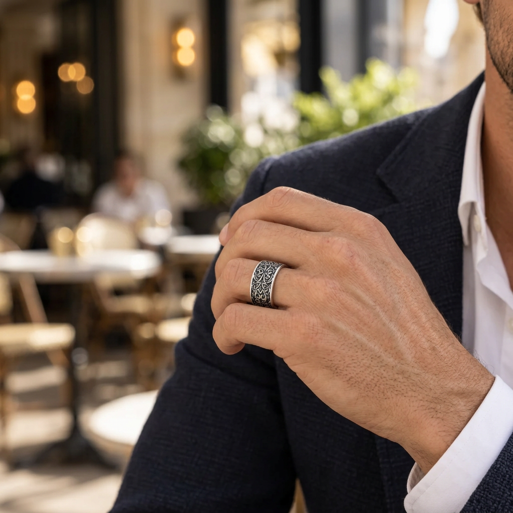 Gentleman in navy blazer touching shoulder wearing Men's carved gothic cross ring
