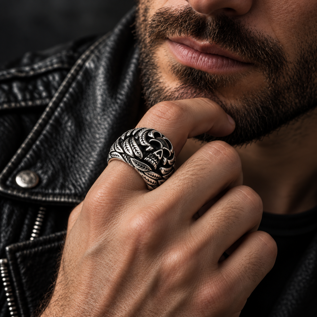 Angled view of antique silver fallen king skull ring for men
