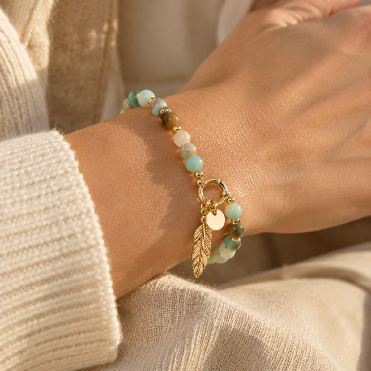 Women's Boho Beaded Gemstone Feather Toggle Bracelet