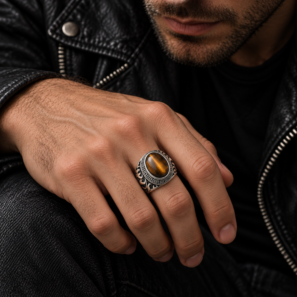 Angled view of antique finish stainless steel gemstone ring for men
