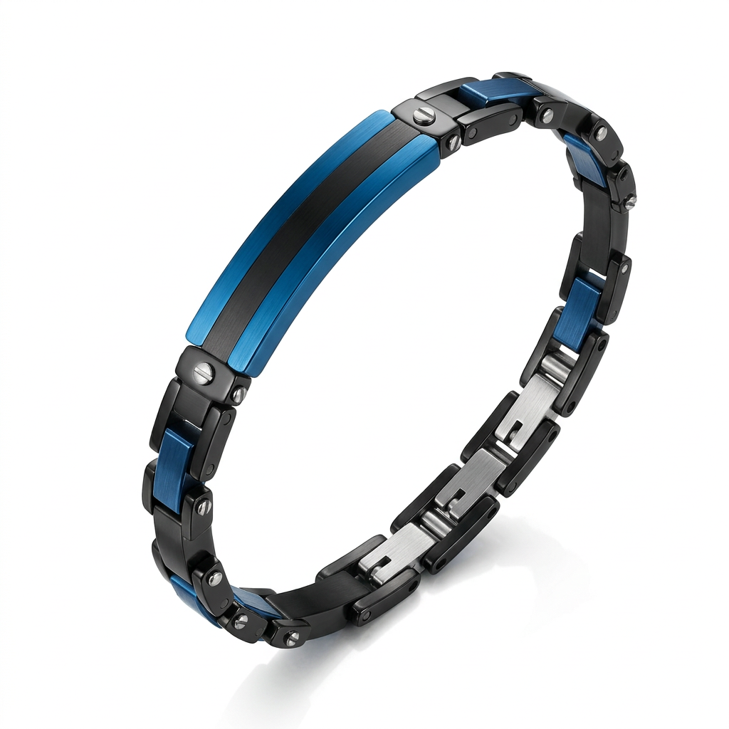 Angled studio view of men's two-tone black and blue link ID bracelet with fold-over clasp
