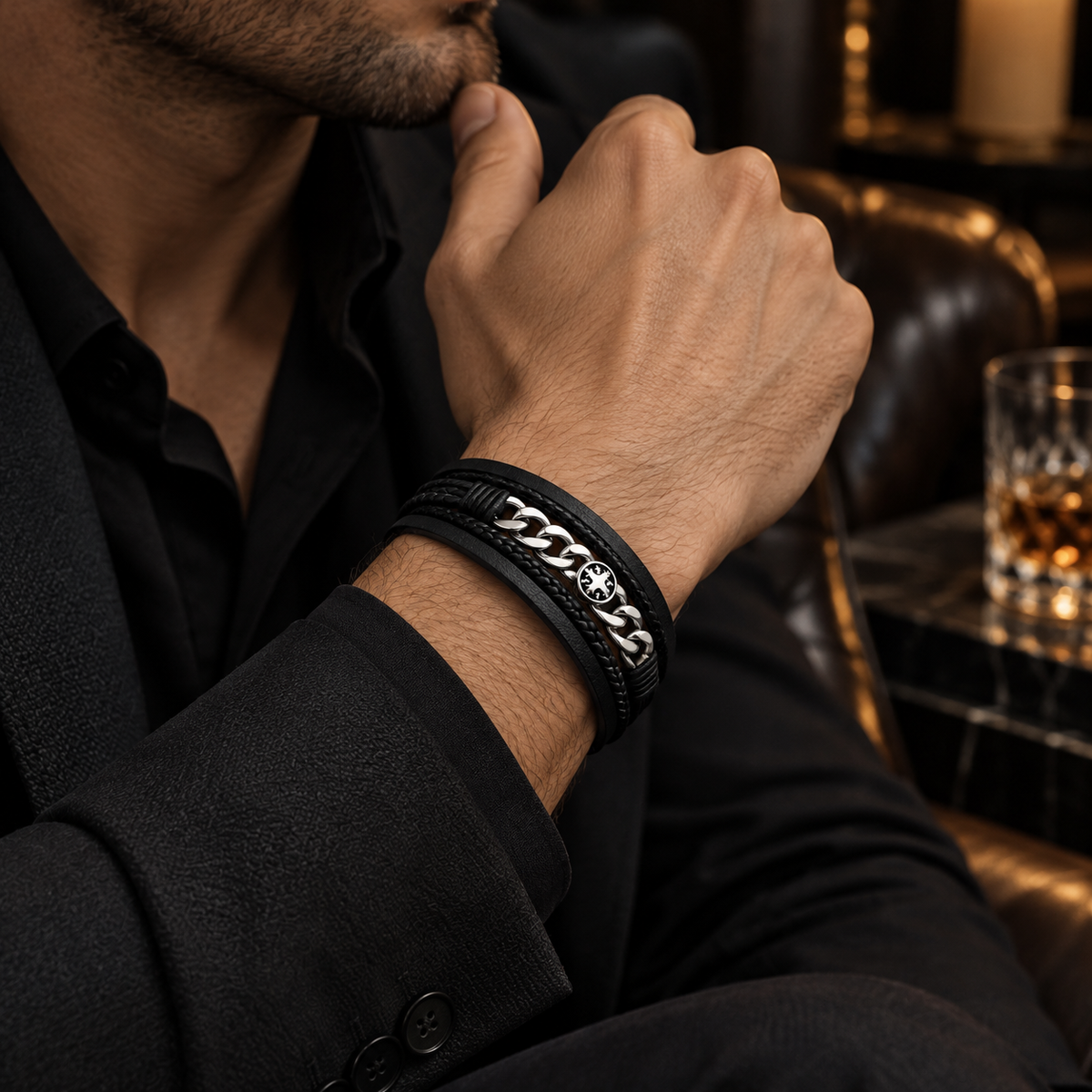 Gentleman in black blazer touching chin wearing Men's leather cuff bracelet in lounge
