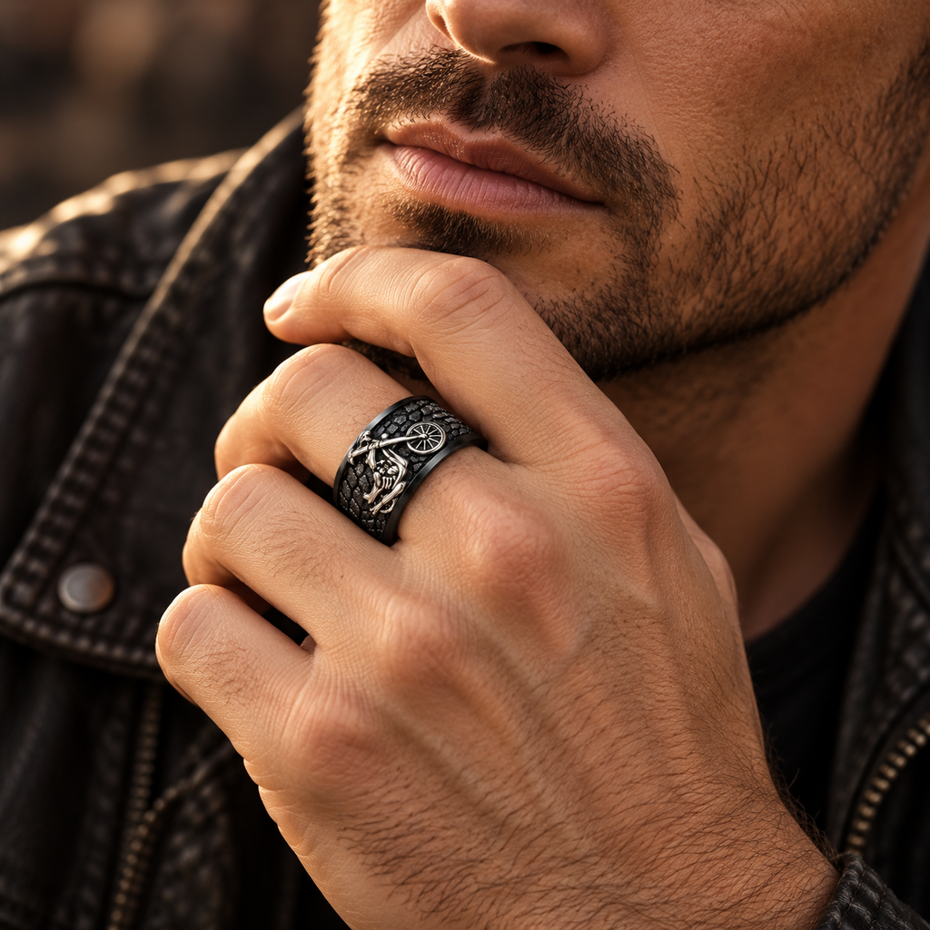 Angled view of heavy-duty biker skeleton cycling band ring for men
