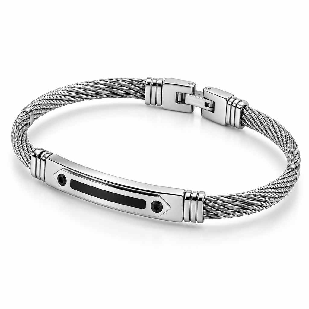 Angled studio view of men's twisted wire cable arrowhead ID bangle bracelet with fold-over clasp

