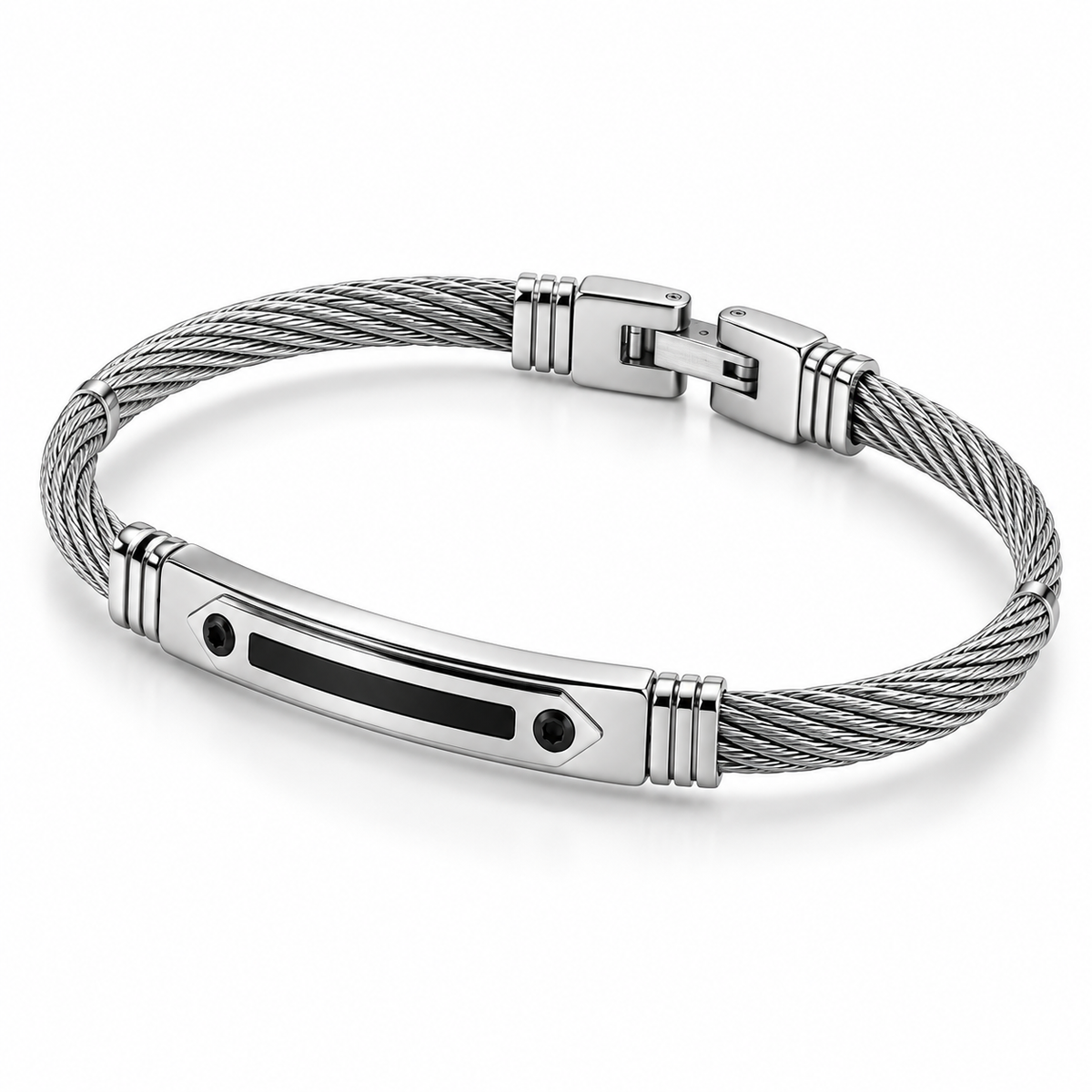 Angled studio view of men's twisted wire cable arrowhead ID bangle bracelet with fold-over clasp
